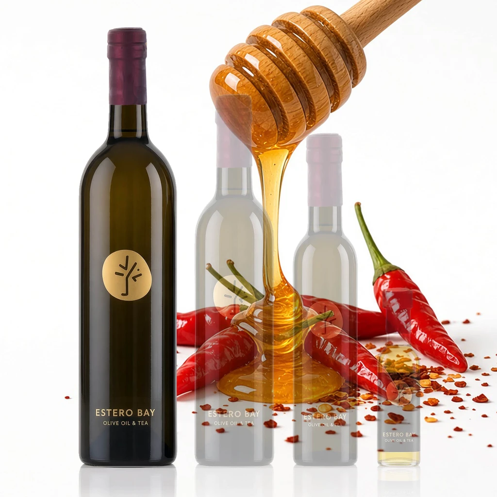 Estero Bay Hot Honey Vinegar Condimento 750ml bottle with honey dipper and red chilies
