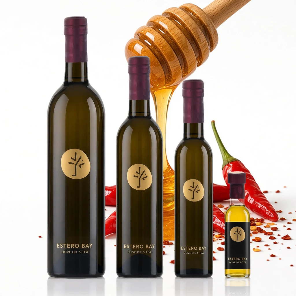 Estero Bay Hot Honey Vinegar Condimento in all four sizes — 750ml, 375ml, 200ml, and 60ml