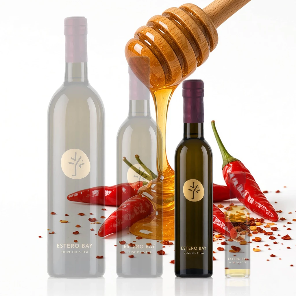 Estero Bay Hot Honey Vinegar Condimento 200ml bottle with honey dipper and Calabrian chilies