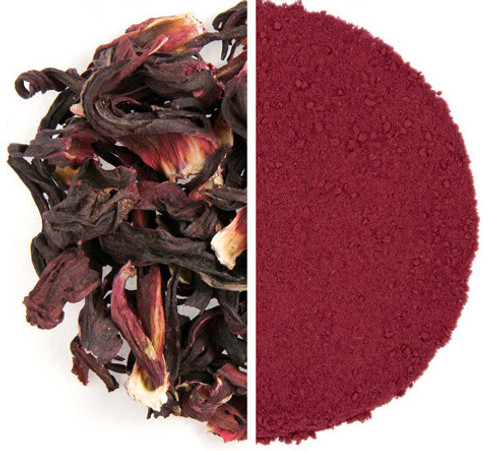 Organic hibiscus petals next to their crushed counterpart.
