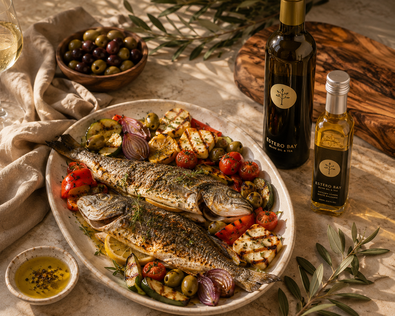Mediterranean Branzino with Roasted Vegetables, Halloumi & Sicilian Lemon Balsamic