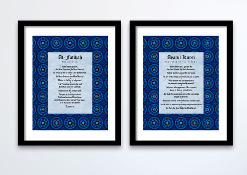 Blue Fatiha and Kursi framed prints on wall