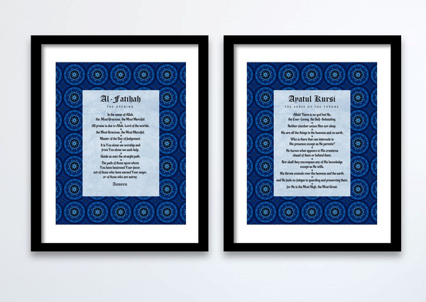 Blue Fatiha and Kursi framed prints on wall