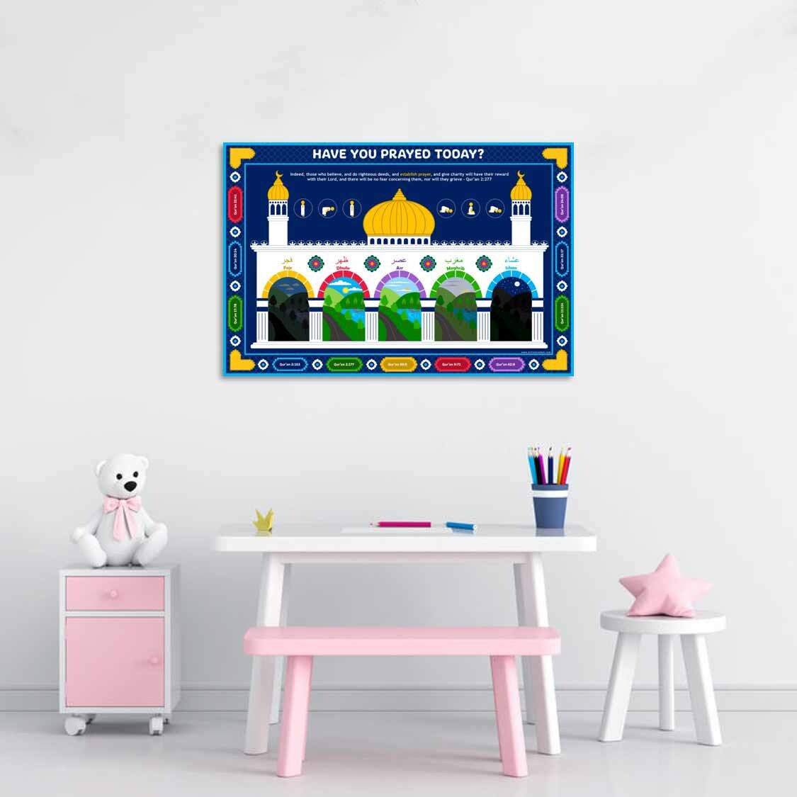 have you prayed today poster on girl playroom wall
