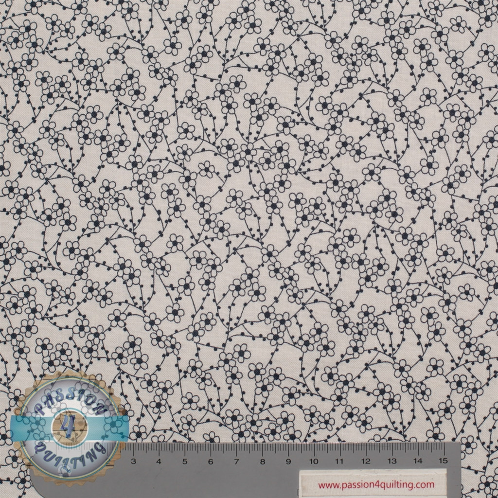 Japan Garden Blossom Blue On White Fabric