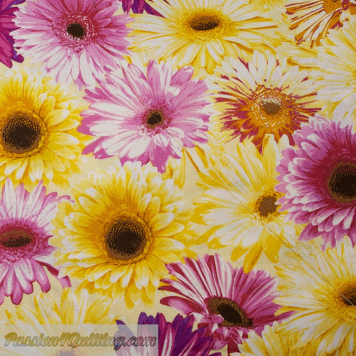 Vibrant floral Garden party fabric featuring large yellow and purple Gerbera flowers, 100% cotton, 25cm wide per metre Vibrant floral Garden party fabric featuring large yellow and purple Gerbera flowers, 100% cotton, 25cm wide per metre