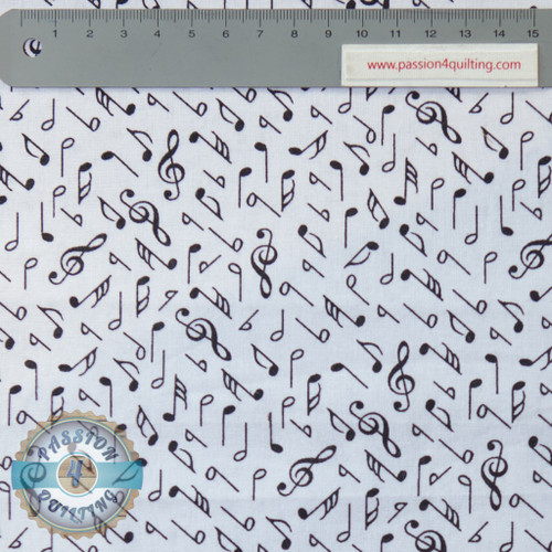 White musical note fabric, 100% cotton, 112cm wide, black accents on white background for sewing, quilting, or crafting purposes. gets you singing along while you quilt.