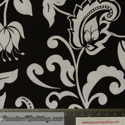 Mystique 3080 black floral fabric by Lila Tueller, 100% cotton fat quarter, 18" x 22". Mystique 3080 black floral fabric by Lila Tueller, 100% cotton fat quarter, 18" x 22".