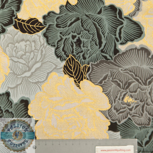 Makower Princess Heart fabric, 25cm wide, featuring grey, black gold, and grey flowers on design, ideal for sewing projects. Makower Princess Heart fabric, 25cm wide, featuring grey, black gold, and grey flowers on design, ideal for sewing projects.