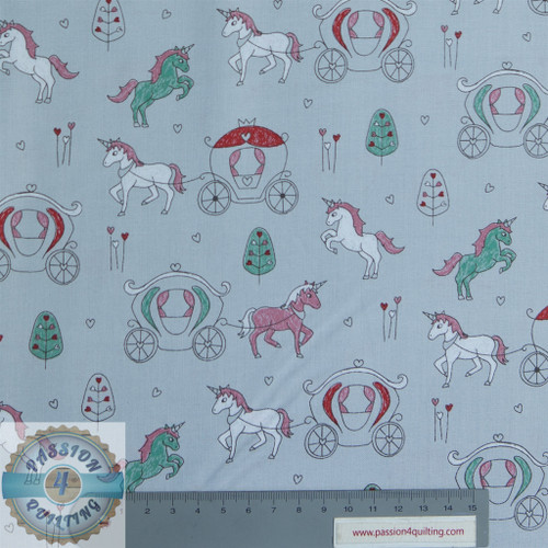 Whimsical princess unicorn design on 100% cotton fabric, featuring pastel colors and grey background, available in assorted 25cm sections. Whimsical princess unicorn design on 100% cotton fabric, featuring pastel colors and grey background, available in assorted 25cm sections.