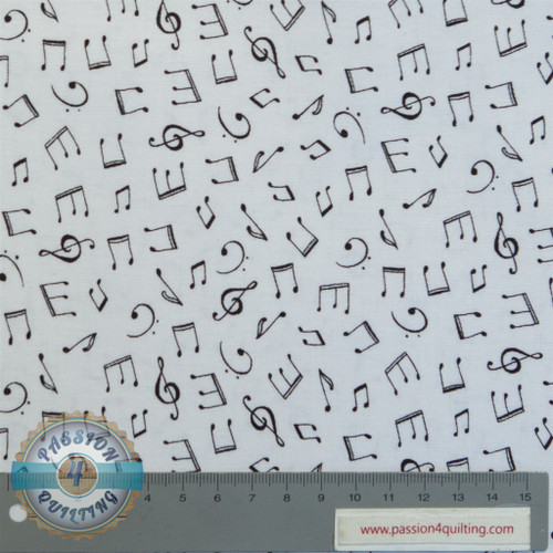 Monochrome musical notes white fabric, 100% cotton, black notes on white background, 112cm wide, sold by meter in 25cm sections. Monochrome musical notes white fabric, 100% cotton, black notes on white background, 112cm wide, sold by meter in 25cm sections.