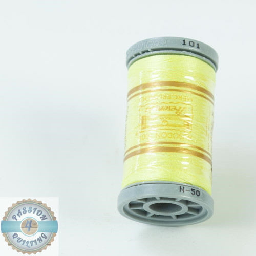 100% Egyptian cotton quilting thread, 50wt, 500m spool, colour 101 lemon, mercerized for strength, colorfast & shrinkfast, tightly twisted & virtually lint free. 100% Egyptian cotton quilting thread, 50wt, 500m spool, colour 101 lemon, mercerized for strength, colorfast & shrinkfast, tightly twisted & virtually lint free.