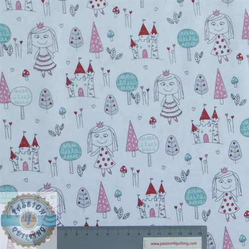 Colorful Little Princess tree and castle design, featuring white, pink, green, and red on a bright white background, 100% cotton. Colorful Little Princess tree and castle design, featuring white, pink, green, and red on a bright white background, 100% cotton.