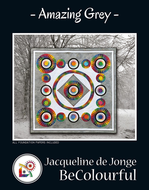 Geometric grey quilt with rainbow colors, Jacqueline de Jonge's paper piecing pattern for intermediate quilters, 71" x 71". Geometric grey quilt with rainbow colors, Jacqueline de Jonge's paper piecing pattern for intermediate quilters, 71" x 71".