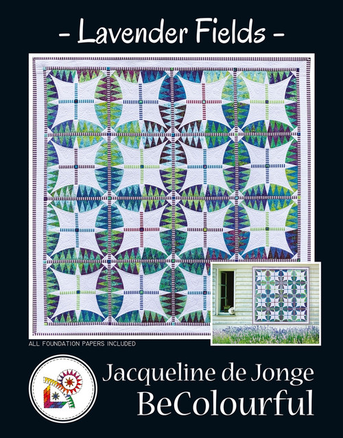Lavender Fields by Jacqueline de Jonge, a stunning paper piecing quilt pattern featuring soft greens, blues, and purples on a elegant leaf design. Lavender Fields by Jacqueline de Jonge, a stunning paper piecing quilt pattern featuring soft greens, blues, and purples on a elegant leaf design.