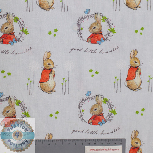 From Visage Fabrics. The Peter Rabbit series. Flopsy 2565-D2. Digitally print to give you the perfect design. Printed on a very pale grey background with a small design of Flopsy rabbit wearing a red jacket. 112cm wide and 100%
