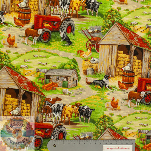 Rustic farm landscape print featuring cows, tractors & dogs on a green background, 100% cotton, available in various lengths. Rustic farm landscape print featuring cows, tractors & dogs on a green background, 100% cotton, available in various lengths.
