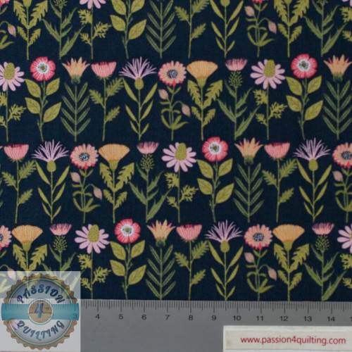 Navy blue 100% cotton fabric featuring a wild flower design on rows of daisies and other country blooms, ideal for quilting and home decor projects. Navy blue 100% cotton fabric featuring a wild flower design on rows of daisies and other country blooms, ideal for quilting and home decor projects.