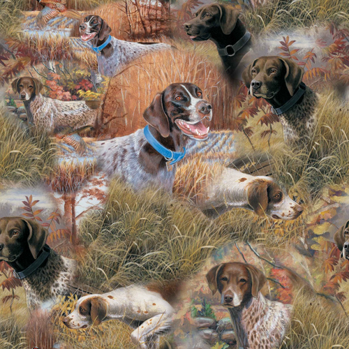 Show Dogs Allover fabric with grass green background, featuring multiple gun dogs on black-brown-cream print, 100% cotton, 25cm per unit. Show Dogs Allover fabric with grass green background, featuring multiple gun dogs on black-brown-cream print, 100% cotton, 25cm per unit.