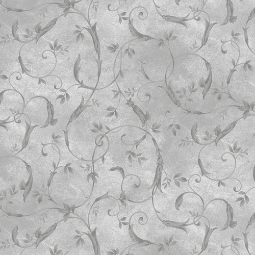 Grey scroll design textile with geometric flower patterns, 100% cotton, 108" wide per 25cm roll. Grey scroll design textile with geometric flower patterns, 100% cotton, 108" wide per 25cm roll.