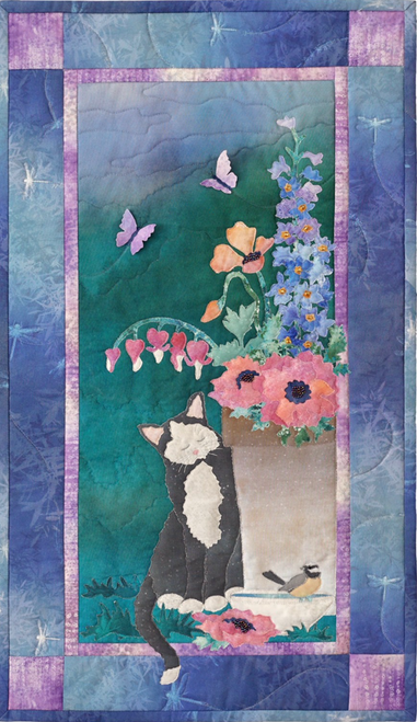 Meow Mix A Purr-fect Moment applique pattern by McKenna Ryan, featuring Jewel Basin digital fabric line from Hoffman Fabrics, for quilting projects measuring 15.5" x 27". Meow Mix A Purr-fect Moment applique pattern by McKenna Ryan, featuring Jewel Basin digital fabric line from Hoffman Fabrics, for quilting projects measuring 15.5" x 27".