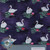 Wholesale fabric: white swans print on dark lavender pond, 100% cotton, 106cm width, ideal for sewing projects.