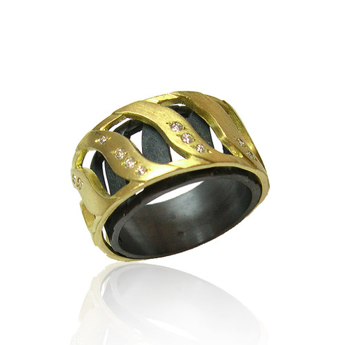 Moiré Double Layer Ring  | Gold, Oxidized Silver, Diamonds | Unique Contemporary Jewelry by K.MITA  