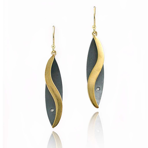 Moiré Windy Leaf earrings | Gold, Oxidized Sterling Silver, Diamonds | Contemporary Jewelry by K.MITA 