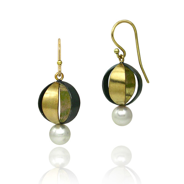 Moiré Spherical Earrings | Gold, Oxidized Sterling Silver, Pearl | Contemporary Jewelry by K.MITA  