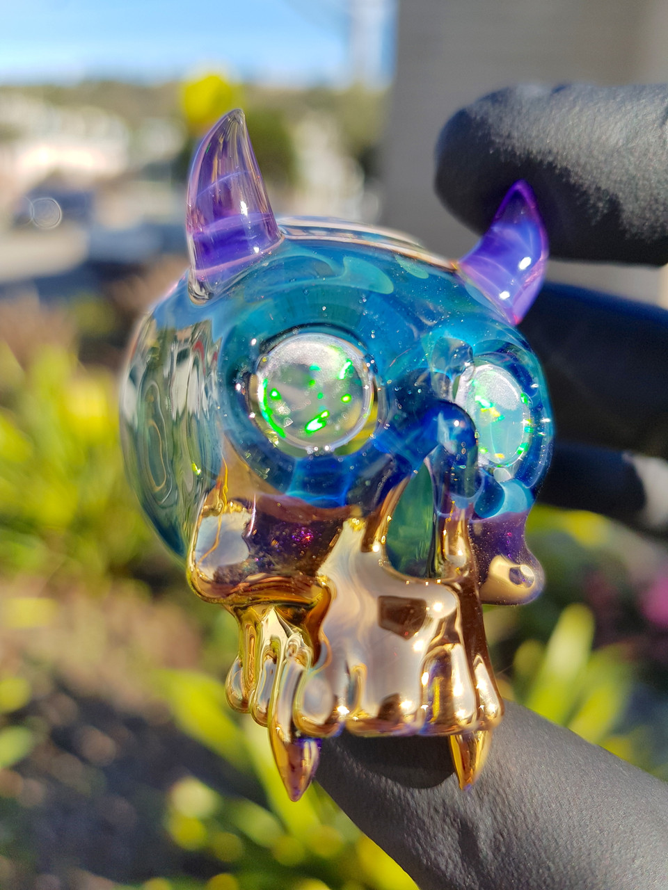 LEE BRODIE - Glass Skull Pendant w/ Gold Grill & Opal Eyes - #3
