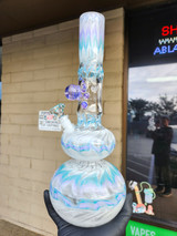 ED WOLFE - 15" Fully Worked Wrap n' Rake Double Bubble Bottom Bong w/ Clear Window - White/Lavender/Aqua
