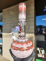 ED WOLFE - 12" Fully Worked Wrap n' Rake Bubble Bottom Bong w/ Clear Window - Pink/Red/Black