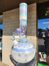 ED WOLFE - 12" Fully Worked Wrap n' Rake Bubble Bottom Bong w/ Clear Window - White/Lavender/Aqua