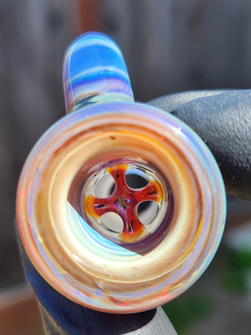 OJ FLAME - Full Color 4-Hole Martini Slide w/ Horn and 18mm Joint  - Amber Purple #1