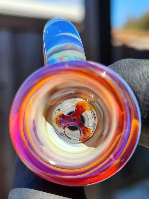 OJ FLAME - Full Color 3-Hole Martini Slide w/ Horn and 14mm Joint  - Amber Purple #2