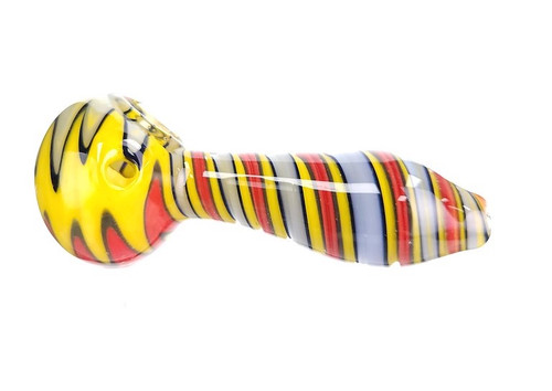 Linework Glass Spoon Pipe - Red / Yellow / White