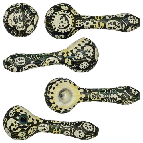 CALI BEAR - Sandblasted Glass Spoon Pipe w/ Embossed Design - Skulls