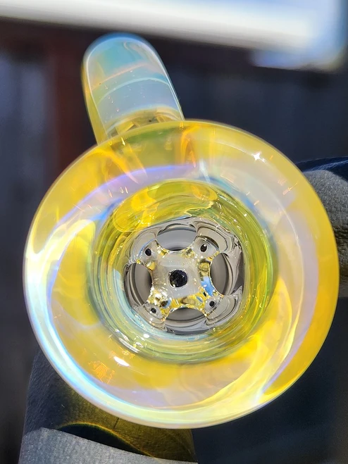 OJ FLAME - Full Color 4-Hole Martini Slide w/ Horn and 18mm Joint  - NS Yellow