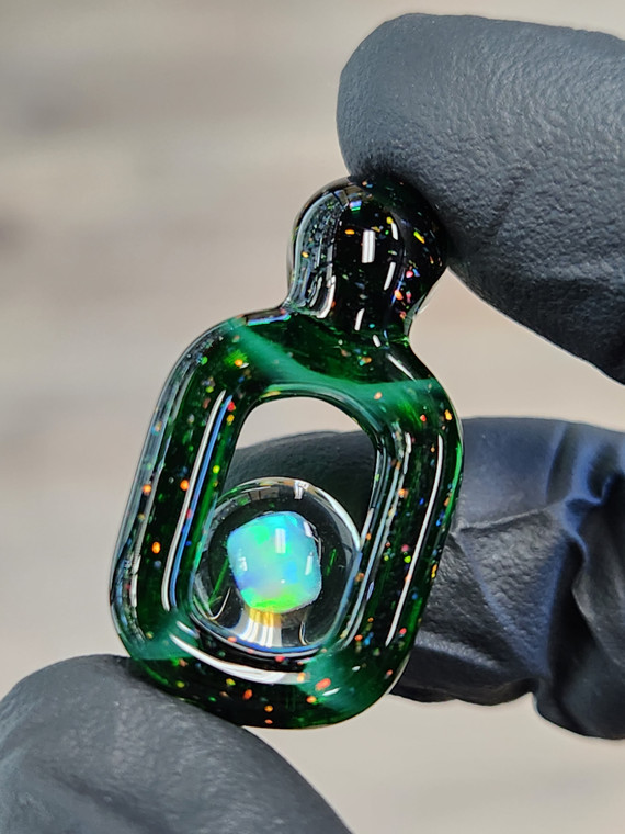 JNG STUDIO - Glass Double Link Pendant w/ Floating Opal Marble - Cropal Glopal / Experimental Green