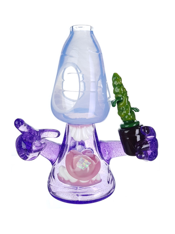 GLASSHOLE - Mushroom Tripper Dab Rig w/ Cannabis Plant & 10mm Female Joint - Purple Lollipop
