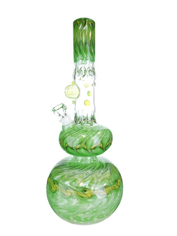 ED WOLFE - 15" Fully Worked Wrap n' Rake Double Bubble Bottom Bong w/ Clear Window - Green/Yellow/Black