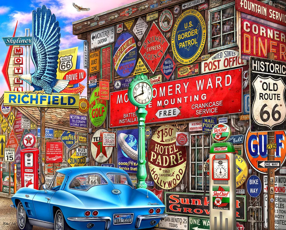 Roseart Colorluxe 1000 Piece Old Ad Signs, Road Signs and Vehicle License  Plates on Route 66 Jigsaw Puzzle 