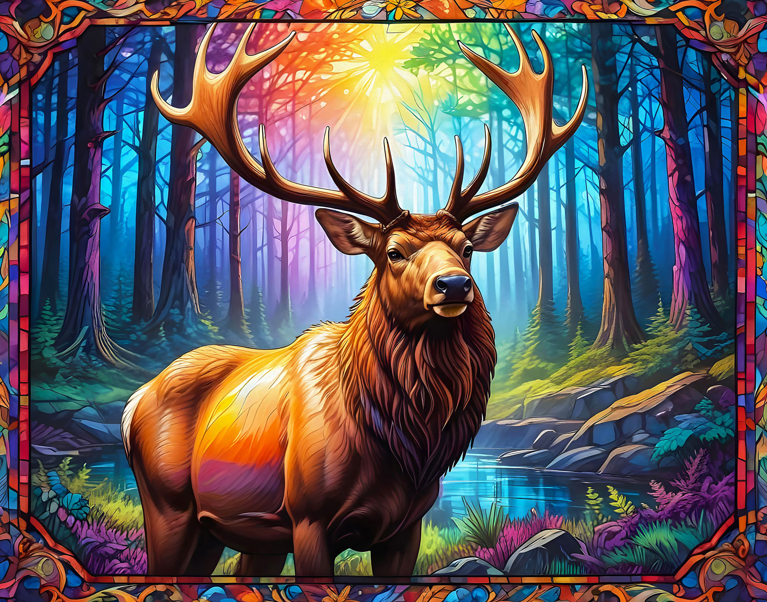 Stain Glass Elk 1000 Piece Jigsaw Puzzle