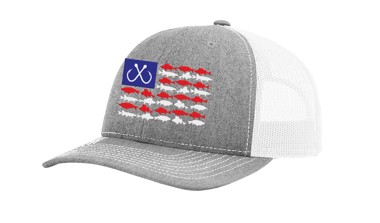 Men's Freshwater Fishing Salt Water Fish Outdoors Patriotic American Flag  Embroidered Mesh Back Trucker Hat - Southern Clothing