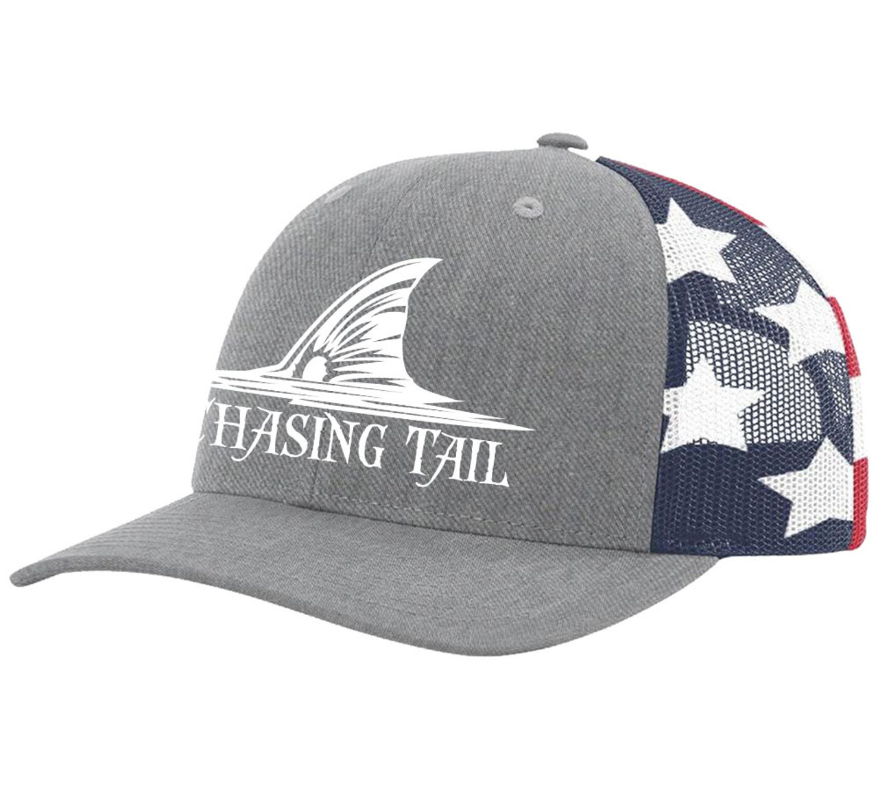 Heritage Pride Chasing Tail Redfish Mens Embroidered Mesh Back Trucker Hat, Heather Grey/American Flag