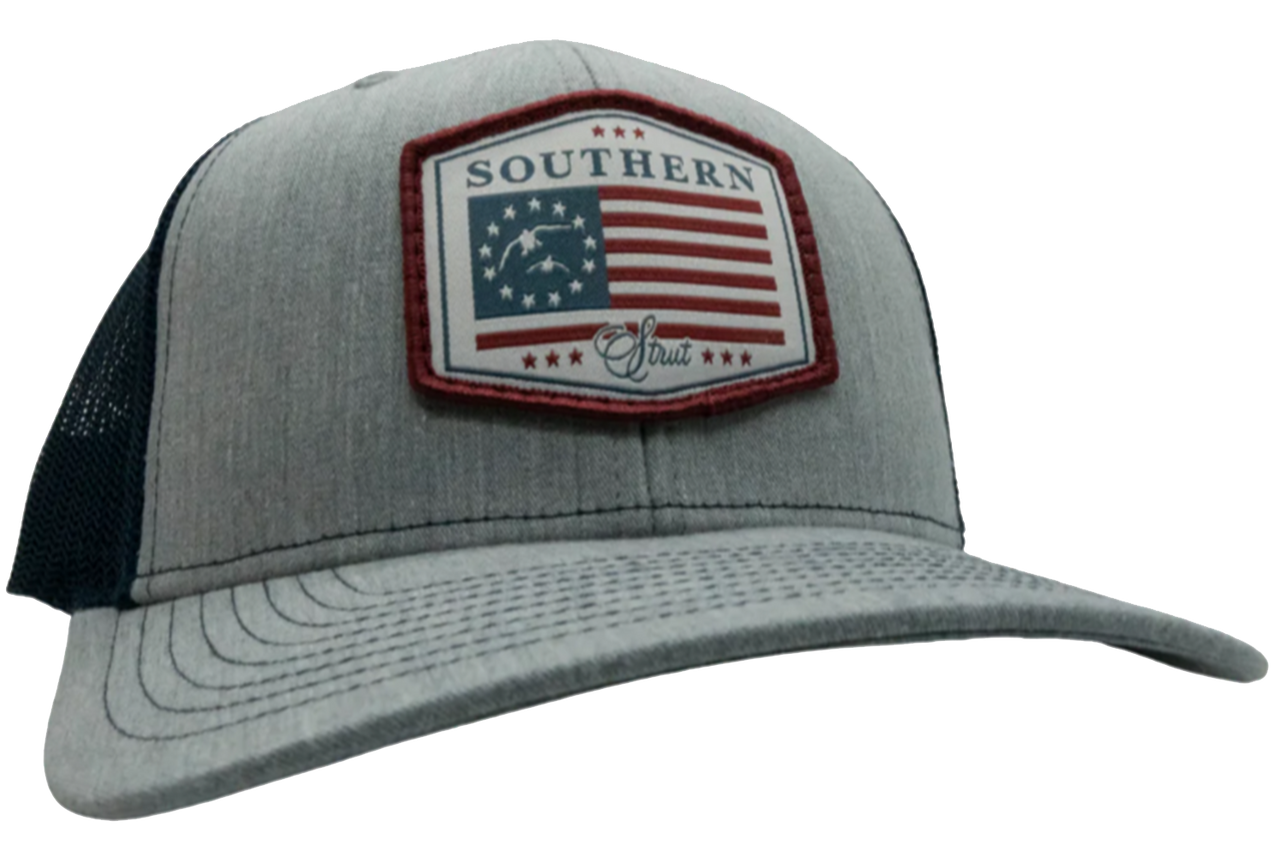 Southern Strut Duck Flag Patch Mesh Back Trucker Hat Baseball Cap Heather  Grey/Navy - Southern Clothing