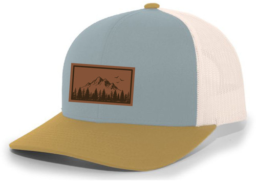 Mountain Scene Tamarak Pine Forest Laser Engraved Leather Patch Mesh Back Trucker Hat