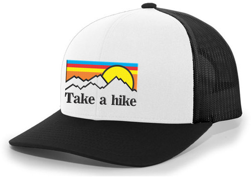 Men's Take A Hike Layered Sunset Retro Mountain Forest Embroidered Mesh Back Trucker Hat