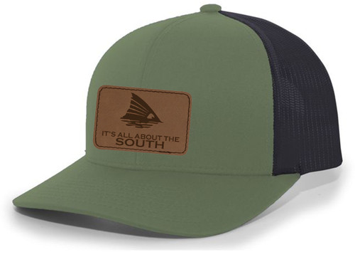 It's All About The South Redfish Fin Laser Engraved Leather Patch Trucker Hat Baseball Cap