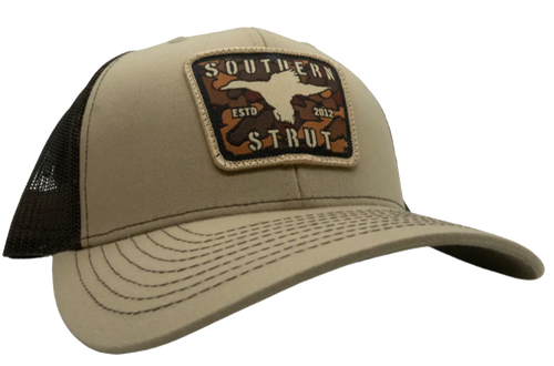 Southern Strut mallard Duck Patch Mesh Back Trucker Hat Baseball Cap Tan/Loden/Brown